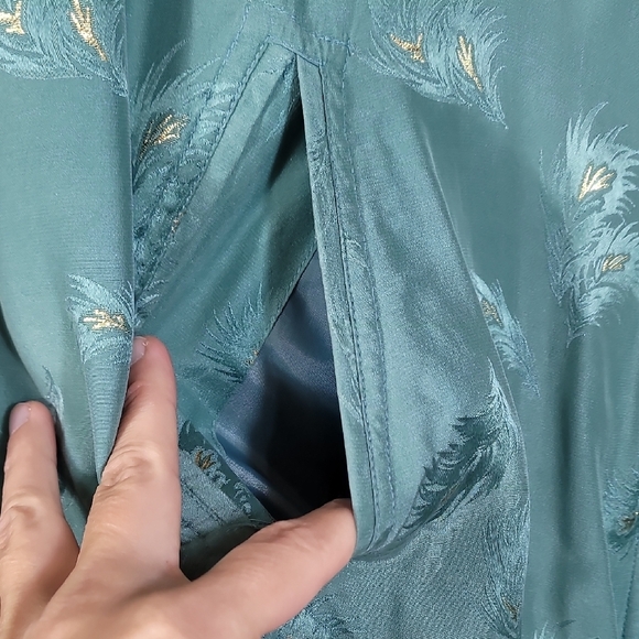Vintage 80s 100% Silk Bomber Jacket XL Teal Gold Feather Embroidered Zip - Picture 7 of 16